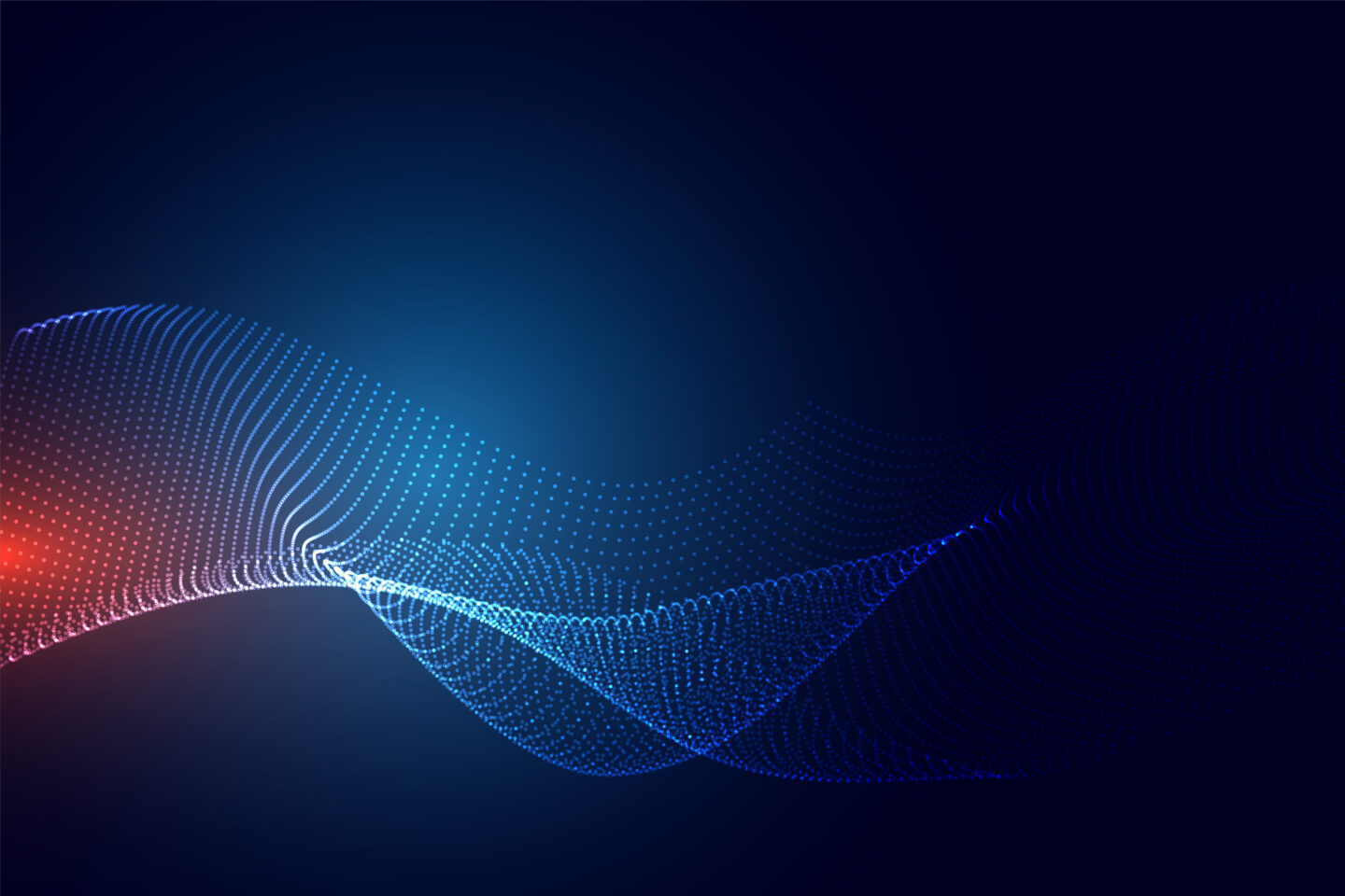 "Abstract digital wave pattern made of small illuminated dots on a dark blue background with hints of red, creating a sense of depth and motion."