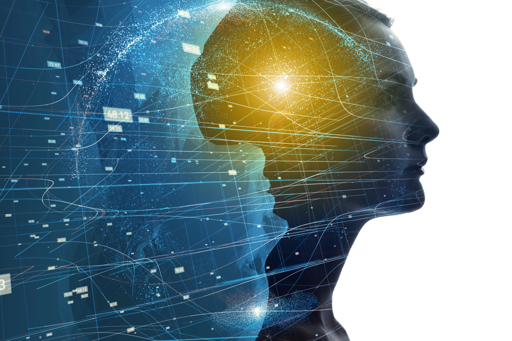 "Double exposure of a human head silhouette with digital networks and data elements on one side, and a bright light near the forehead on the other, symbolising artificial intelligence and human-computer interaction."