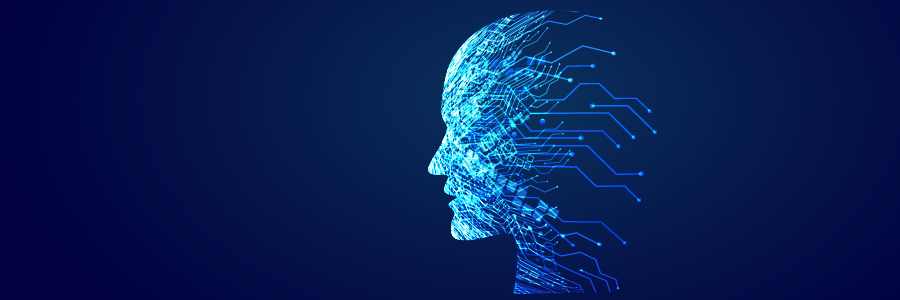 "Digital illustration of a human head in profile, composed of blue circuit-like lines and nodes against a dark blue gradient background, symbolising artificial intelligence and human-technology integration."