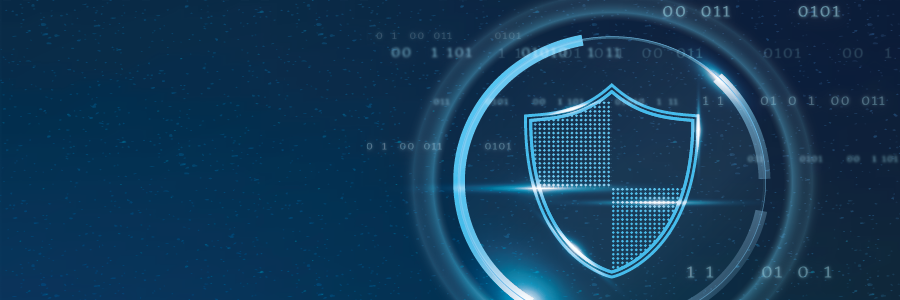 "Digital illustration of a blue shield with dotted and solid halves, surrounded by circular lines and binary code, symbolising cybersecurity and data protection against a dark, tech-themed background."