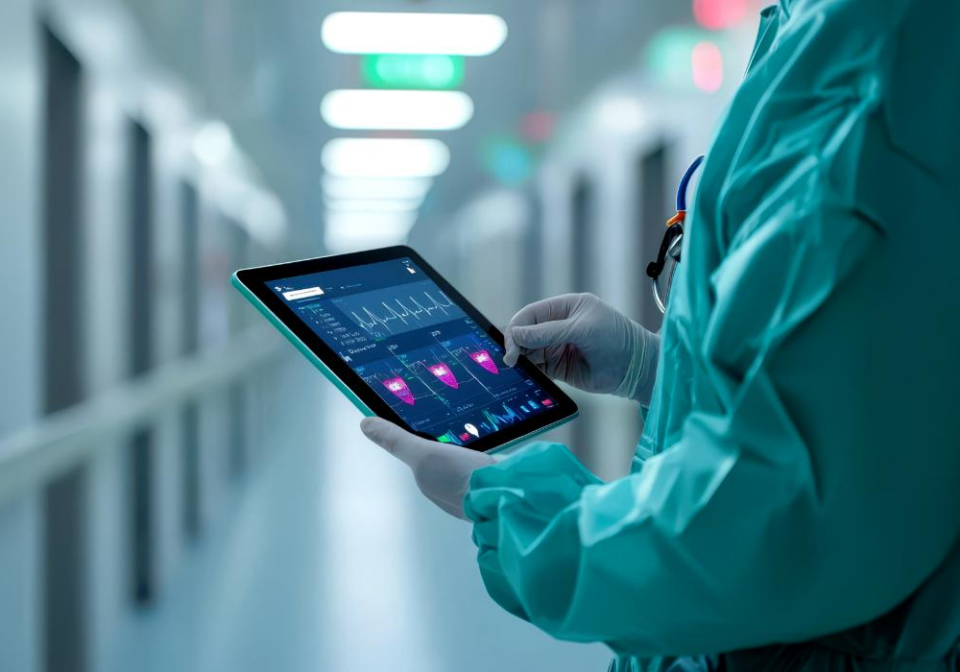 Medical professional showing a tablet with statistics and graphs on it
