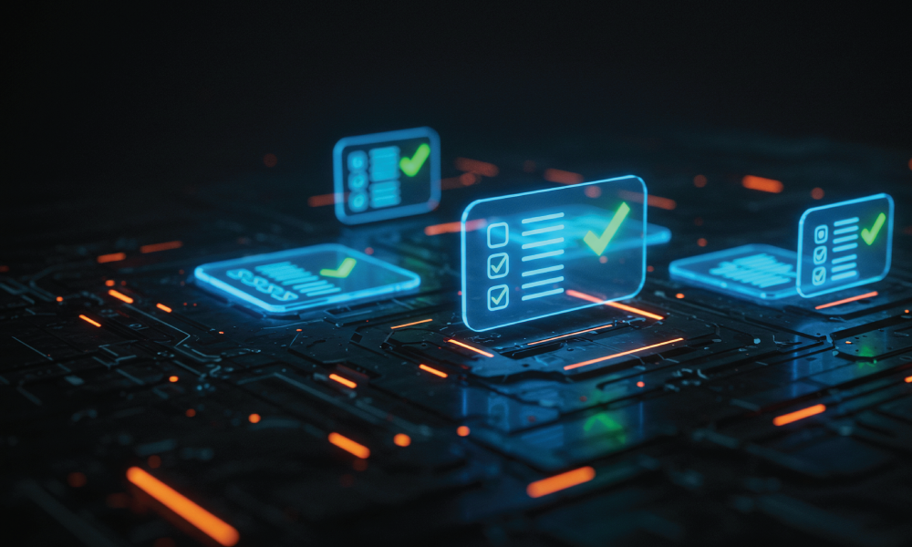 "Futuristic digital interface with holographic checklists and green checkmarks, set against a dark circuit-patterned background illuminated by orange and blue lights, representing technology and task completion."