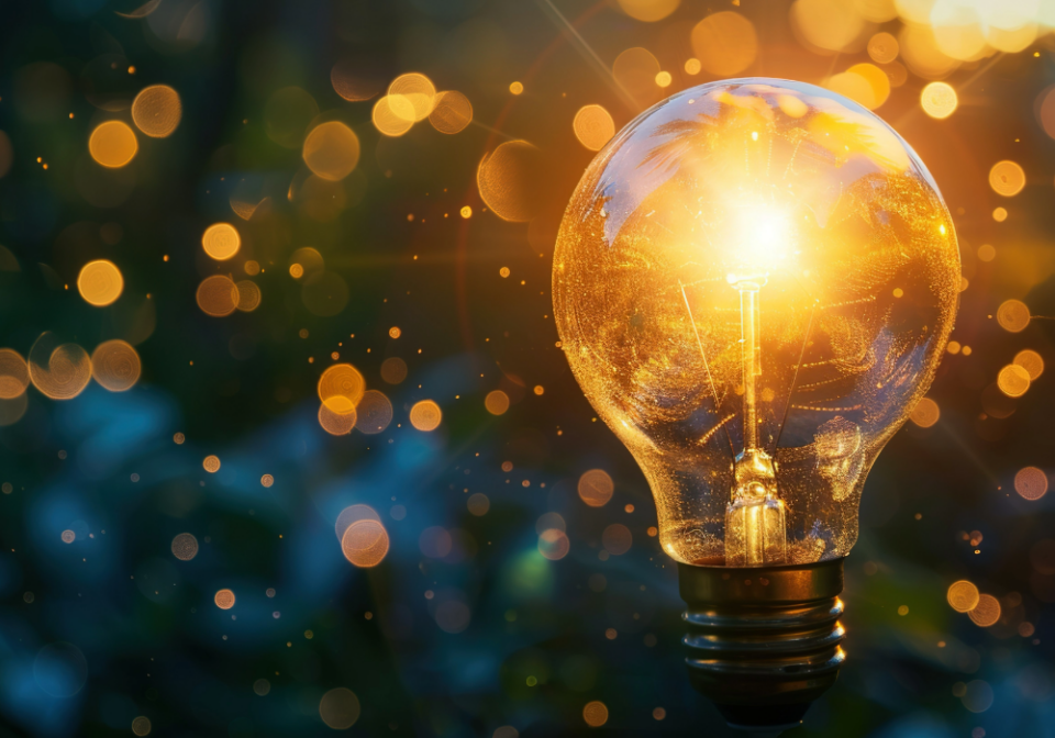 A lightbulb with smaller light speckles coming off it against a background of greenery