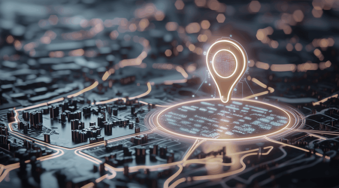 “Futuristic digital map with a glowing location pin highlighting a data-rich area, symbolising advanced geolocation and technology integration.”