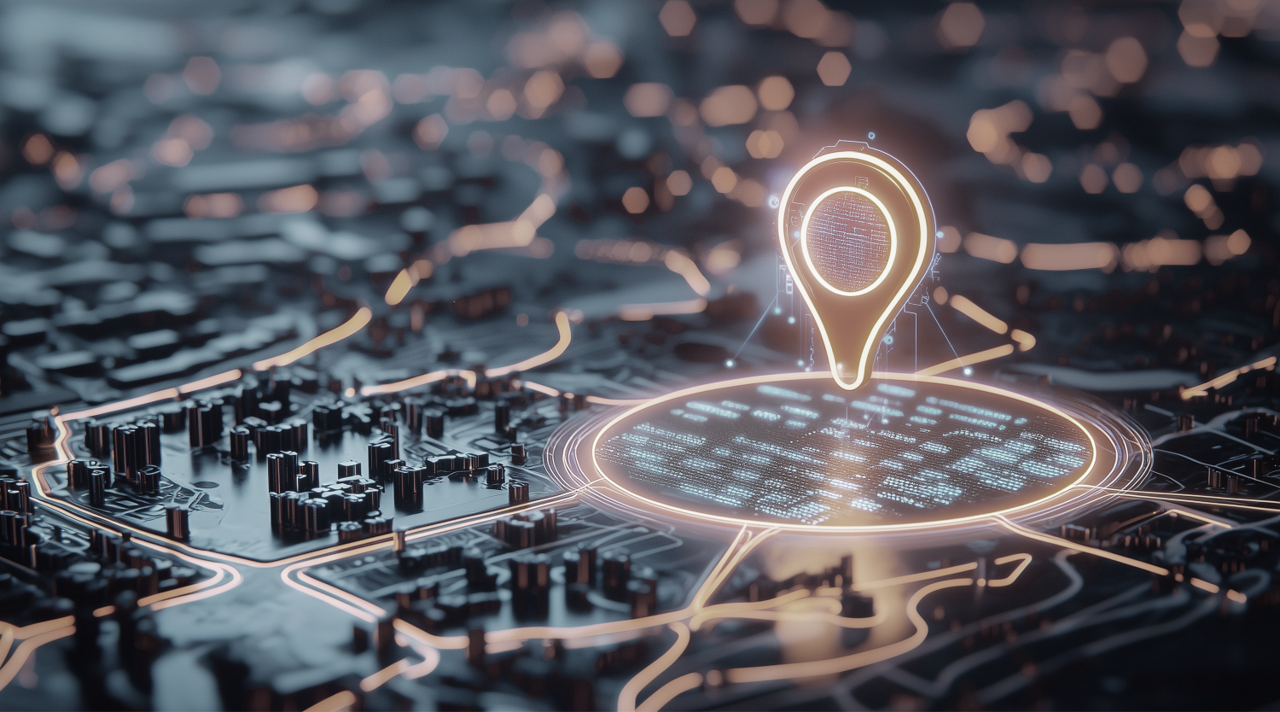 “Futuristic digital map with a glowing location pin highlighting a data-rich area, symbolising advanced geolocation and technology integration.”