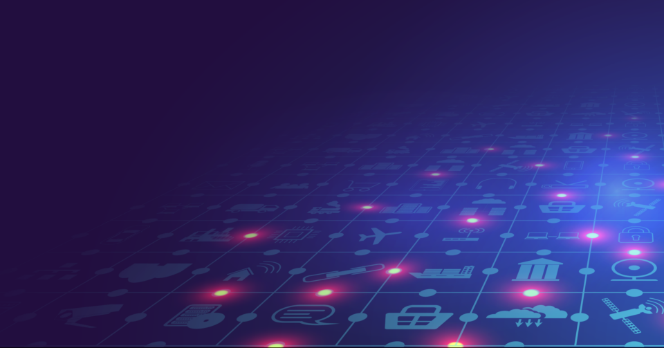 A dark blue background with several icons in light blue, pink dots scattered throughout the icons