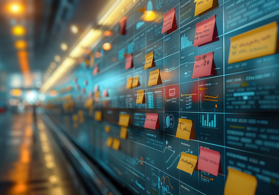 A board with sticky notes with writing on it and an out of focus corridor