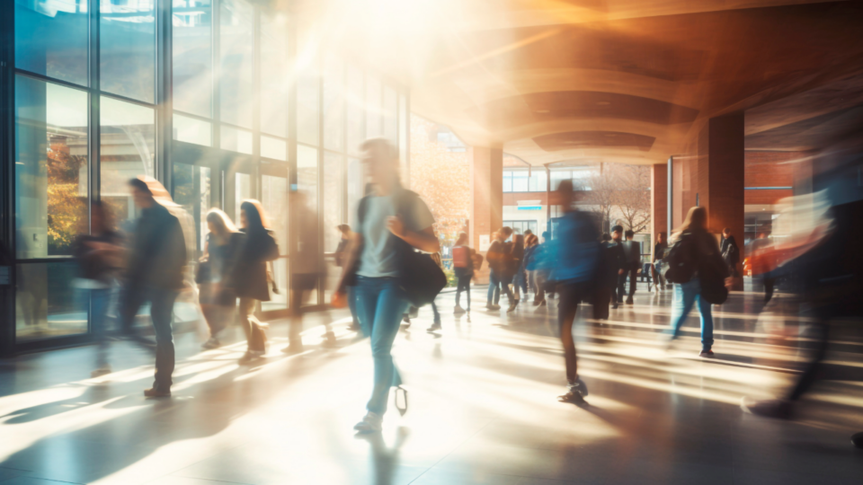 Students walking in a busy foyer of a building with backpacks and books