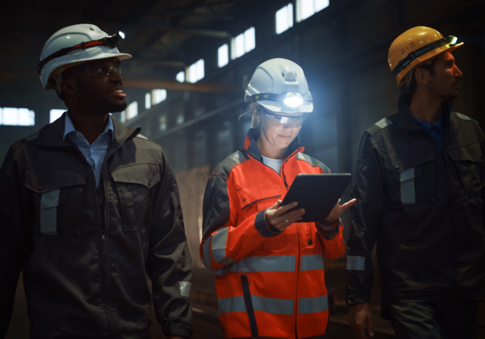 "Three workers in safety helmets and uniforms inside an industrial setting, with one holding a tablet and wearing a high-visibility jacket, suggesting inspection or monitoring using technology."