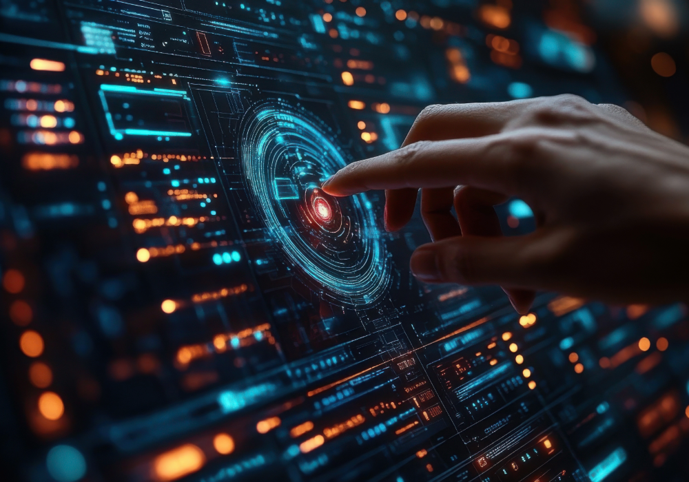 "Close-up of a hand interacting with a futuristic digital interface featuring glowing circular patterns and data panels, highlighting human-computer interaction and advanced technology."