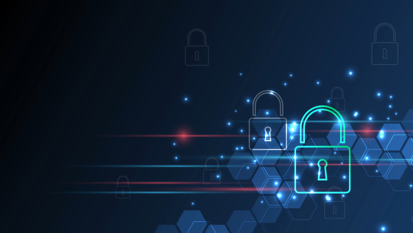 "Futuristic digital security illustration featuring locked and unlocked padlock icons on a dark blue background with hexagonal patterns, neon highlights, and red horizontal lines symbolizing cybersecurity and data protection."