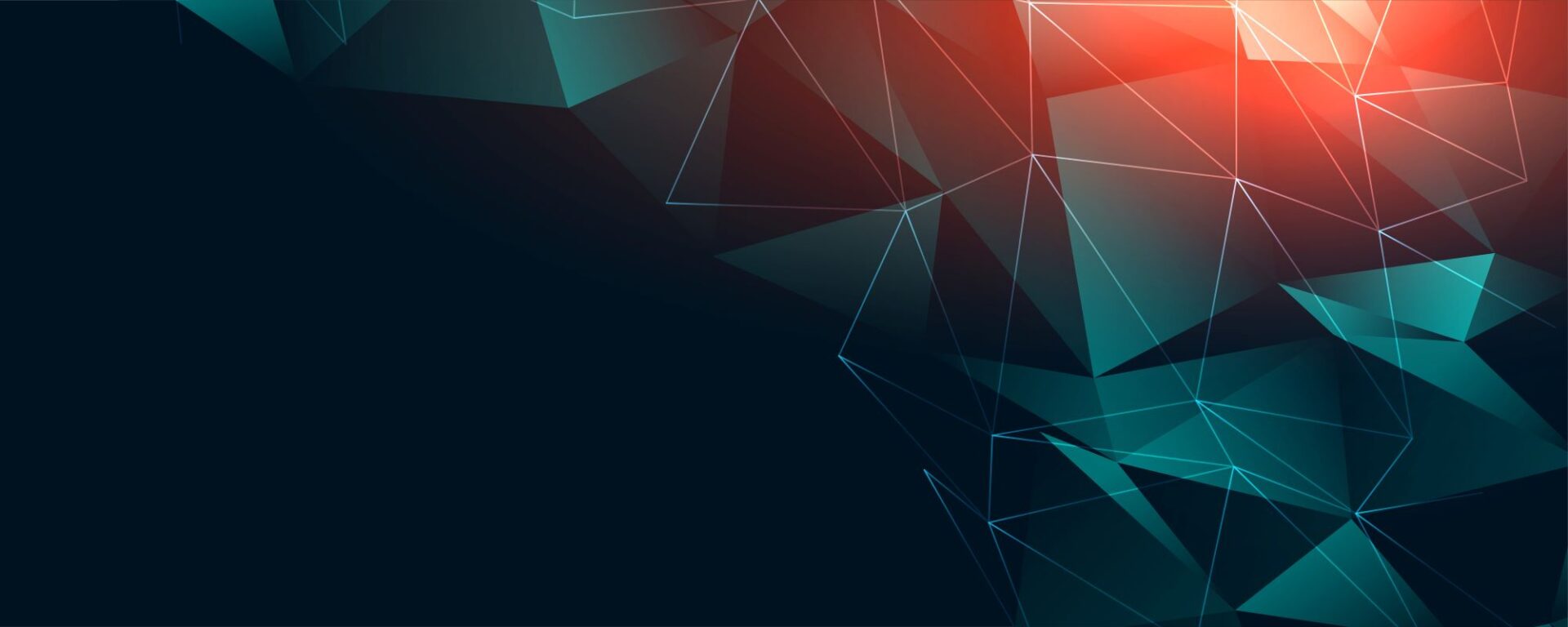 "Abstract geometric design with interconnected teal and blue polygonal shapes on a dark background, accented by warm orange-red highlights for a dynamic, modern visual effect."