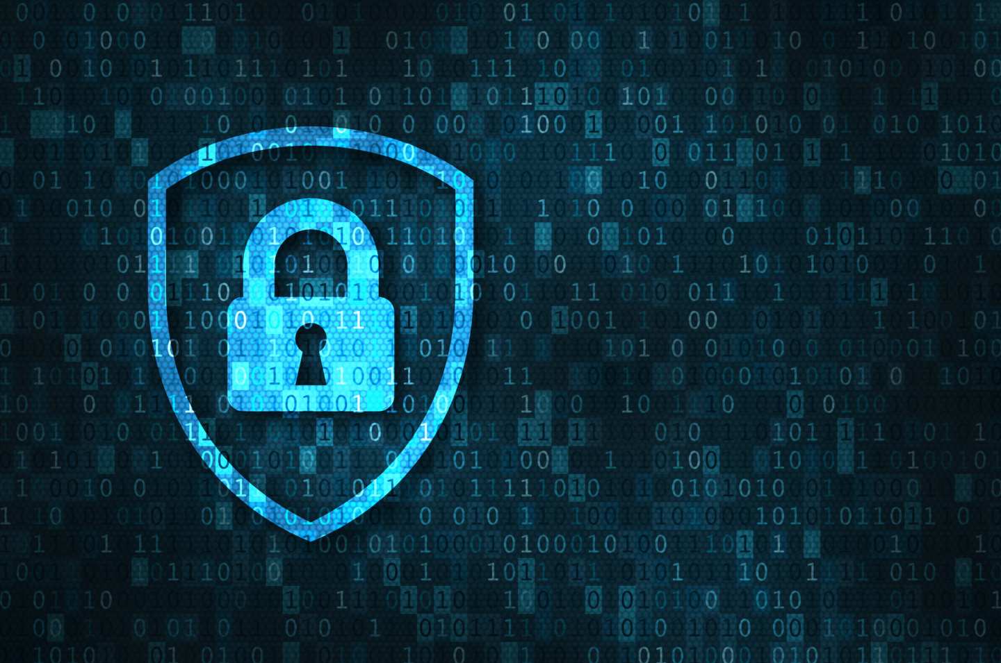 "Blue shield with a padlock icon at the center, set against a background of binary code, symbolising cybersecurity and digital data protection."
