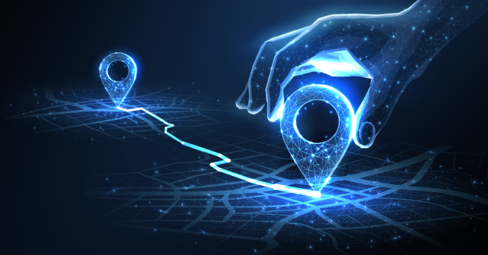 Dark background with two icons showing a journey, futuristic hand coming from above