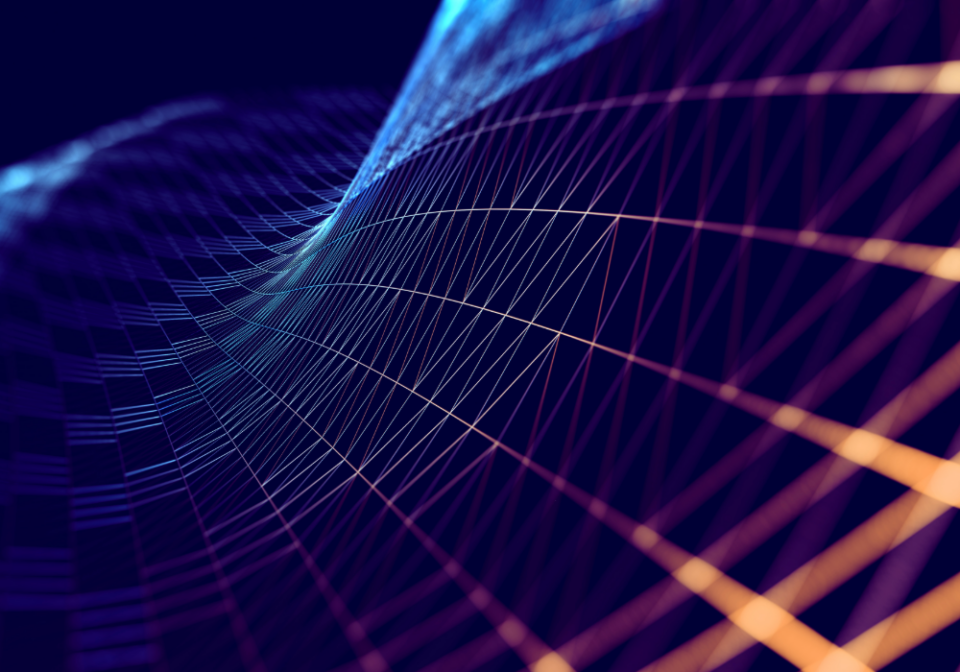 an abstract wave pattern with blue, purple and orange lines