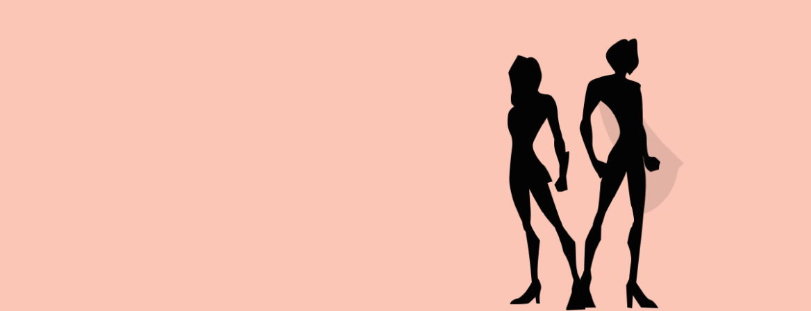 "Silhouettes of two confident figures standing side by side with hands on hips, wearing high heels, set against a peach-colored background."