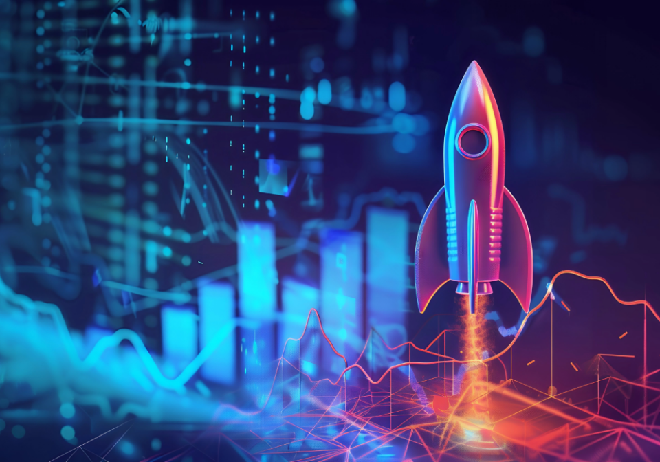 "Stylised rocket launch with flames and a futuristic background of bar charts, line graphs, and digital data points, symbolising innovation, progress, and growth."