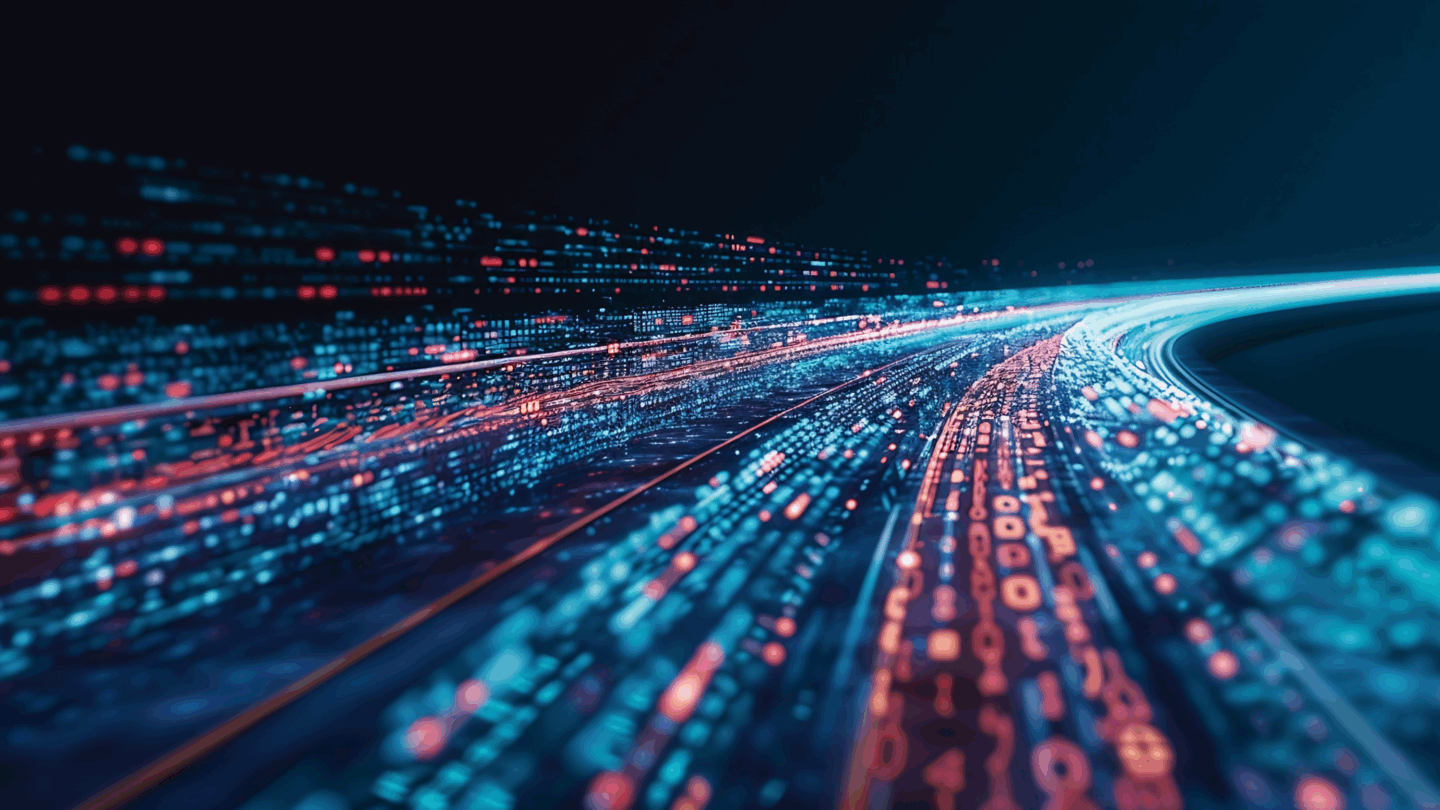 "A digital representation of data flow, featuring streams of glowing blue and red binary code moving rapidly along curved paths against a dark background. The image evokes a sense of high-speed data transmission and advanced technology."