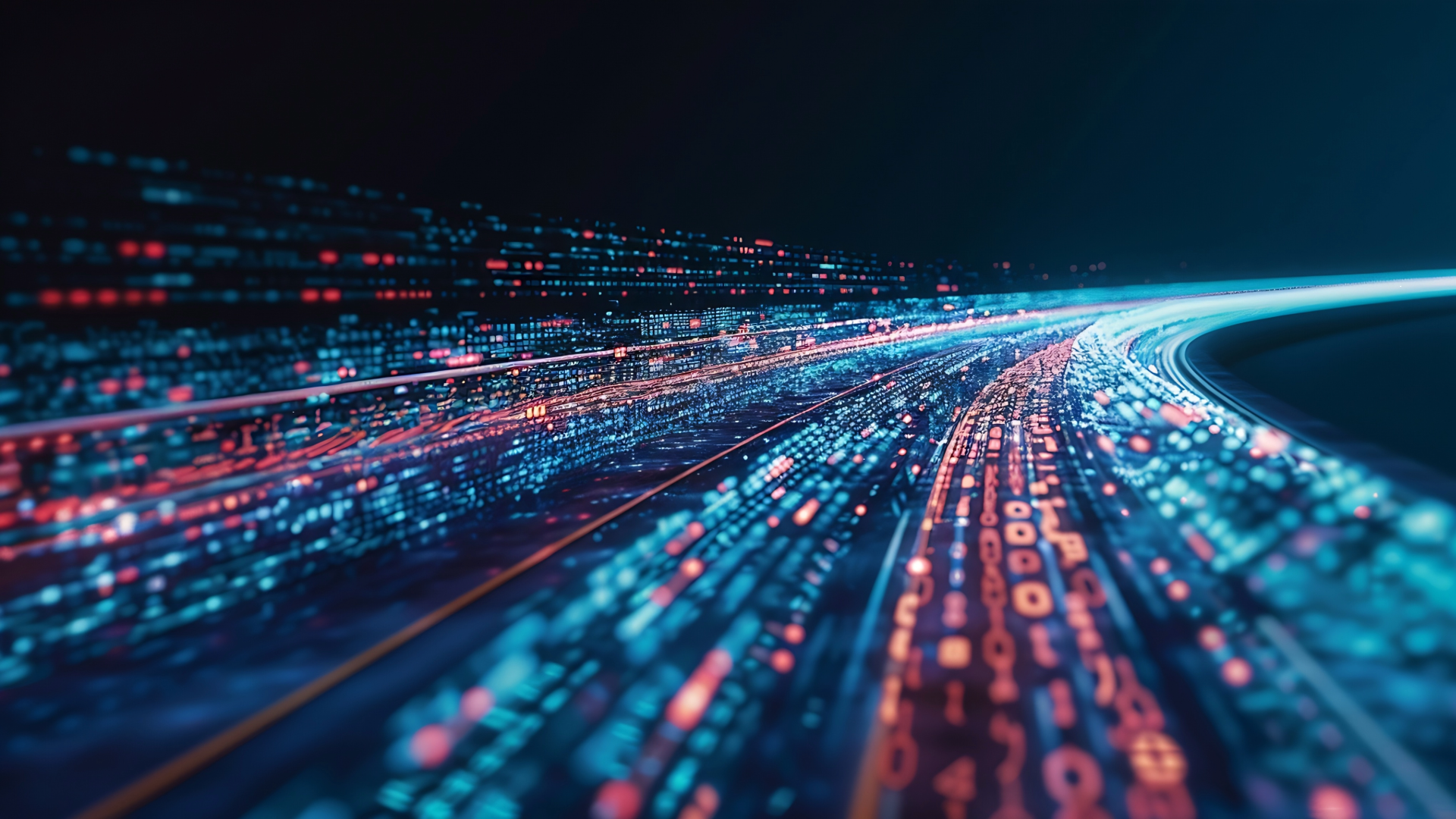 "A digital representation of data flow, featuring streams of glowing blue and red binary code moving rapidly along curved paths against a dark background. The image evokes a sense of high-speed data transmission and advanced technology."