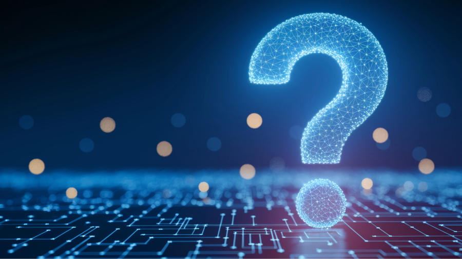 AI Glowing blue large question mark, digital network design, abstract concept, symbolizes inquiry, problem-solving, technology, innovation, digital future