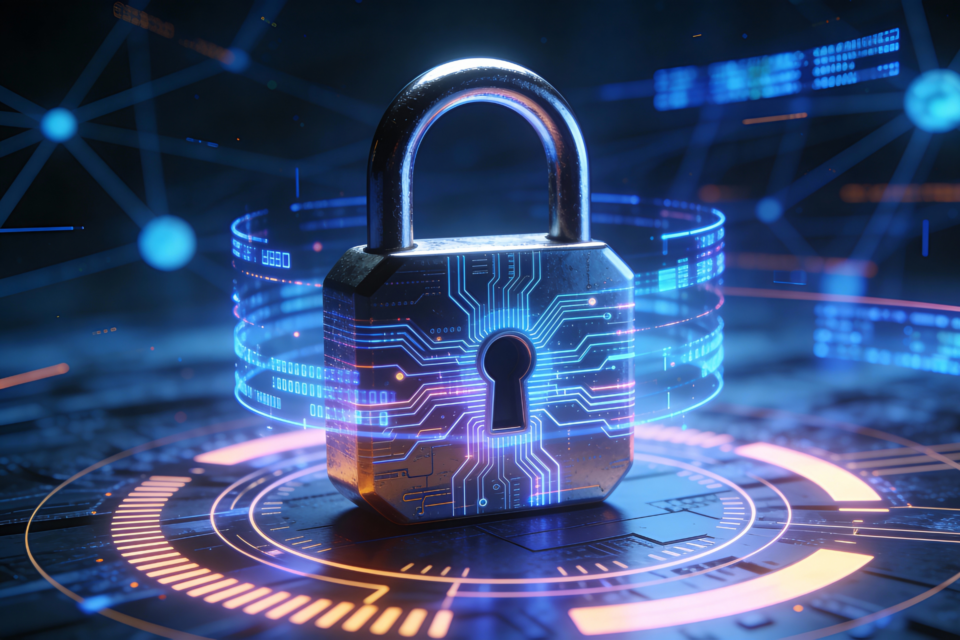 A padlock with neon circuit patterns representing digital security