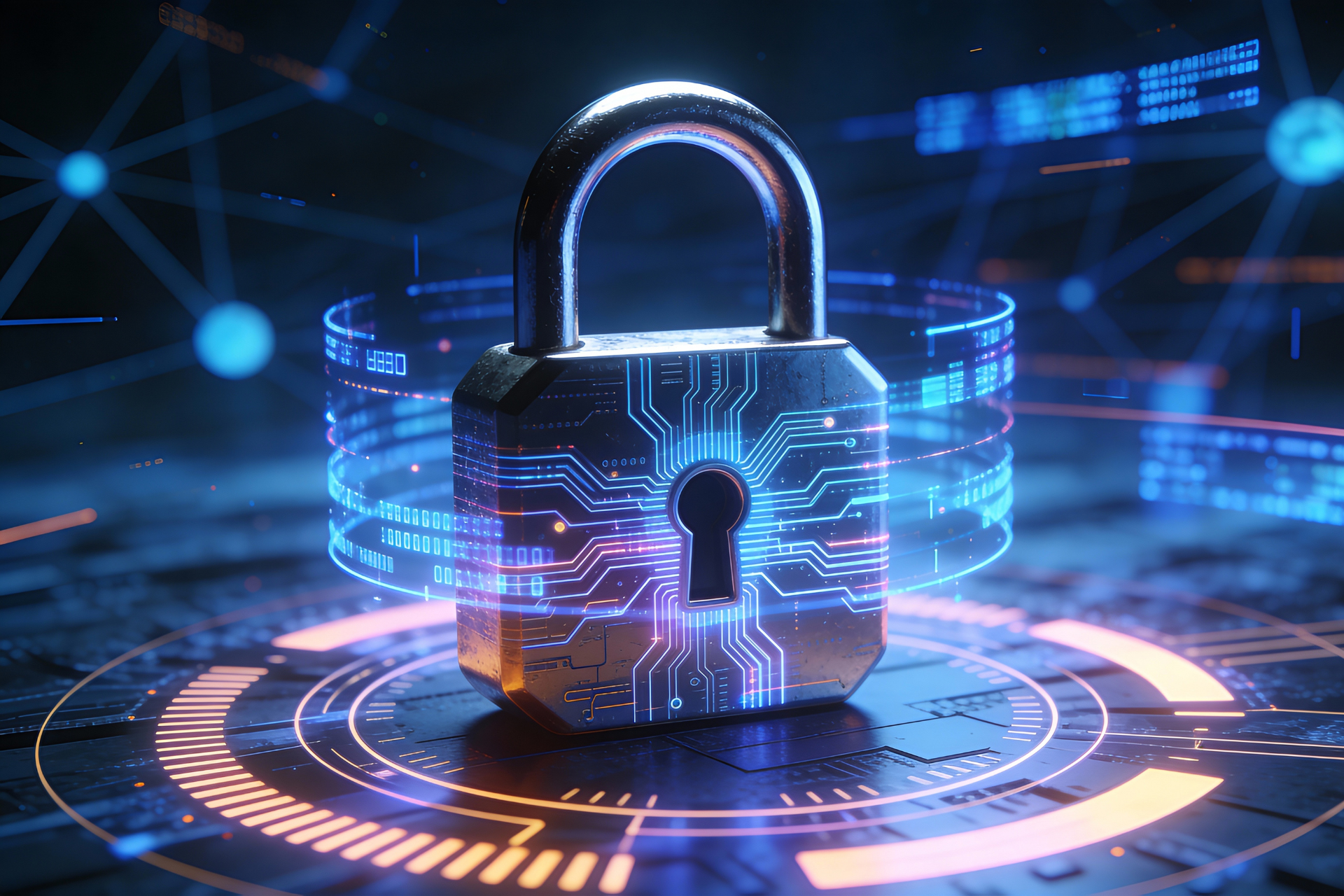 A padlock with neon circuit patterns representing digital security
