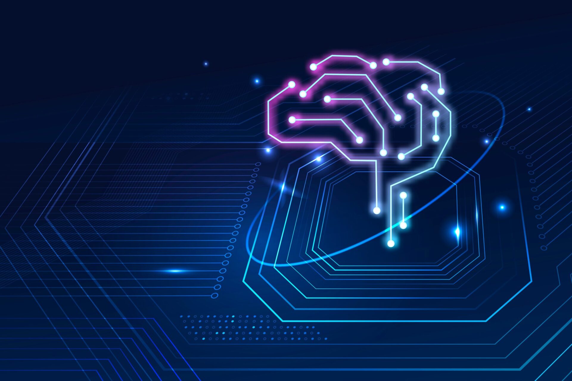 "Stylised neon brain composed of interconnected lines and nodes resembling a circuit board, set against a dark blue background with electronic patterns, symbolising artificial intelligence and cognitive technology."