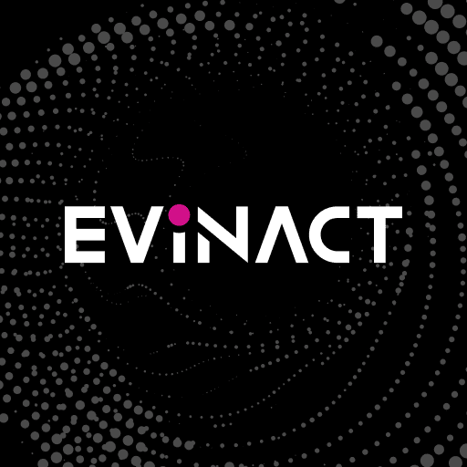 Black background with dots in a geometric shape and white evinact logo