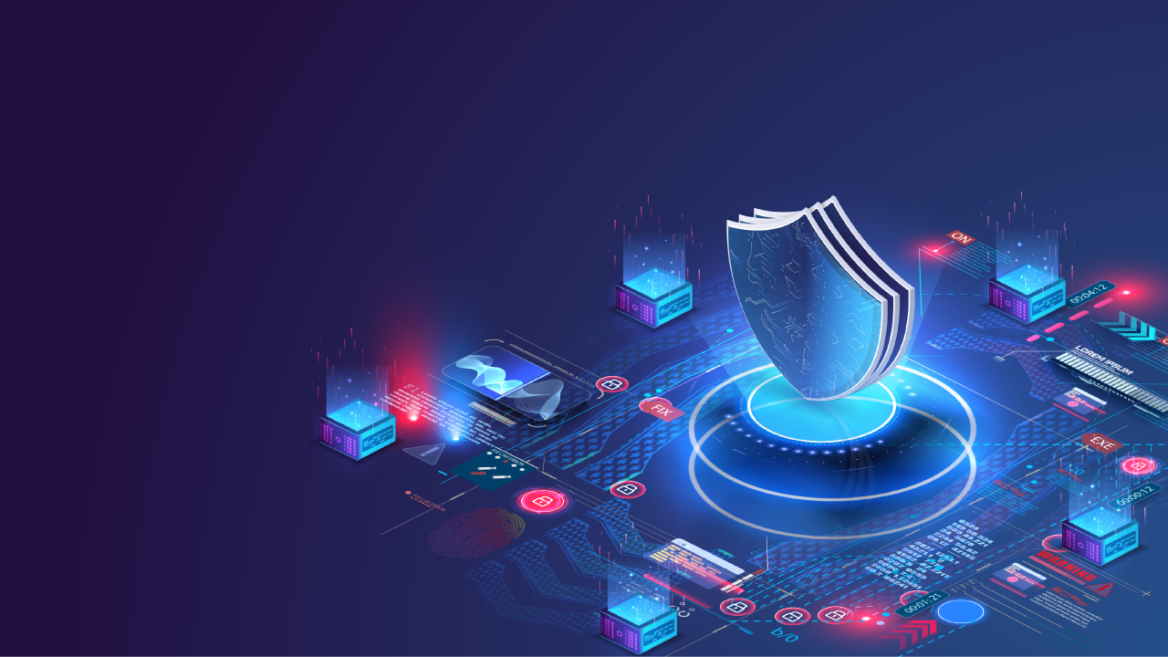 "Digital illustration of a glowing blue shield made of circuitry, surrounded by holographic cubes, icons, and graphs, symbolising cybersecurity and data protection in a high-tech network environment."