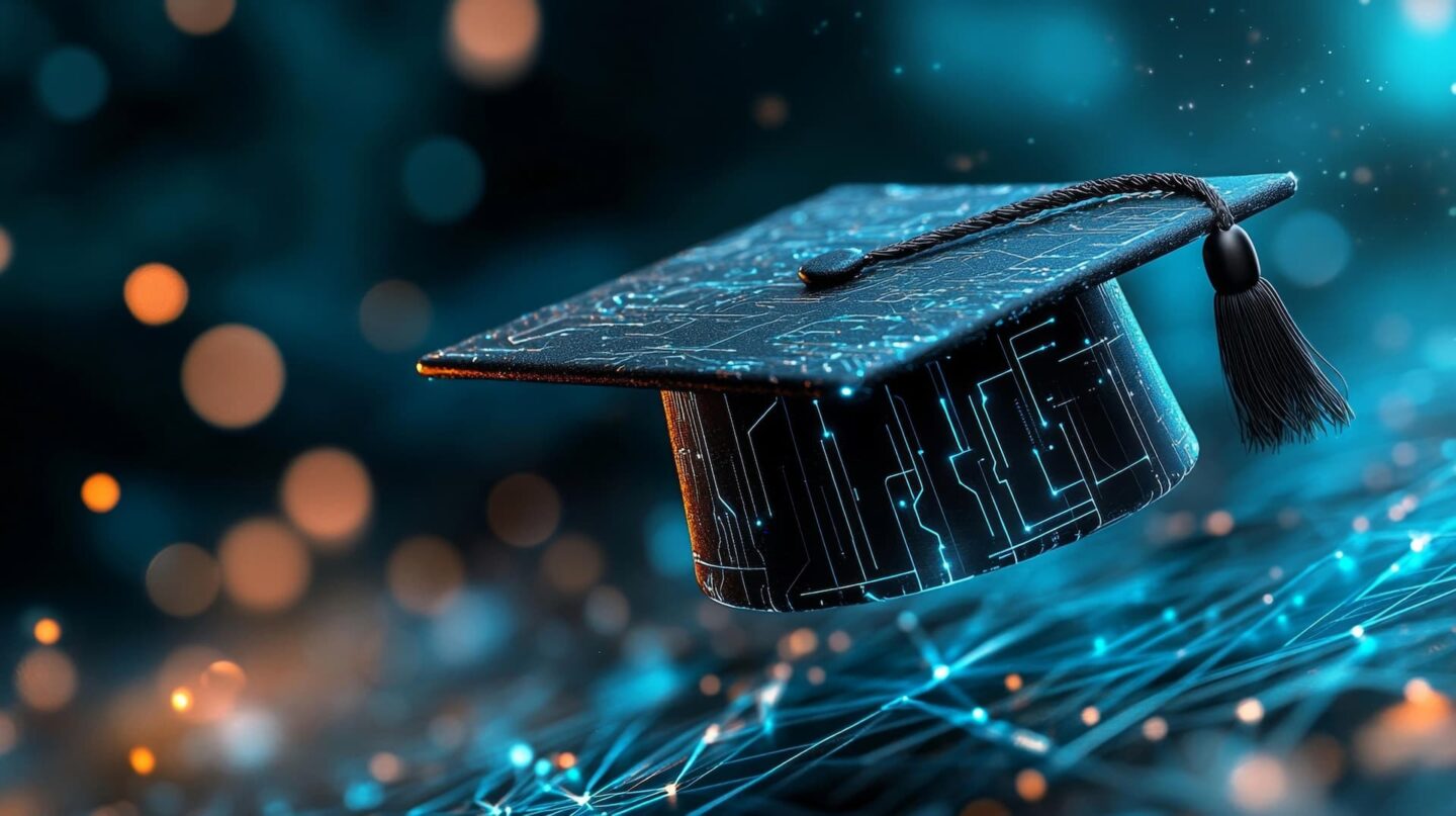 A graduation had with circuits running through with abstract circuitry background.