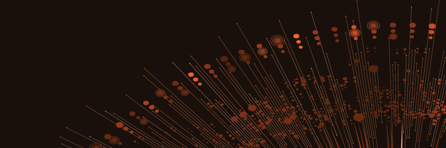 "Abstract geometric pattern of orange and red circles connected by lines, radiating from the bottom left to the top right on a dark background, creating a dynamic starburst effect."