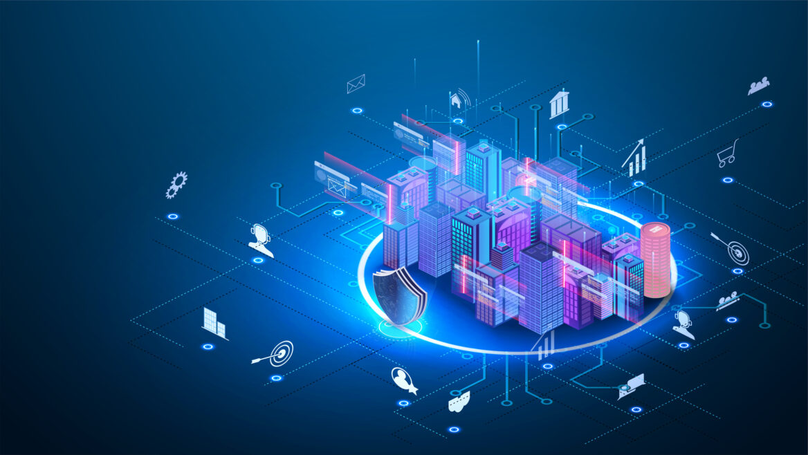 "Futuristic digital illustration of a cityscape with neon-lit buildings and holographic icons—such as email, gears, graphs, and shopping carts—interconnected by lines to represent a smart city and digital transformation."