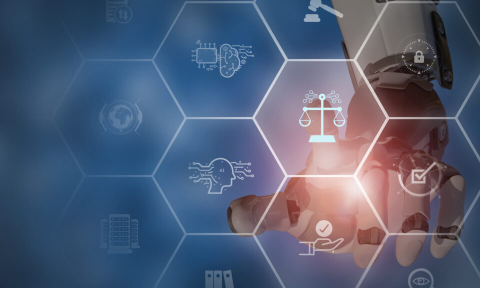 A blue background with a robot hand and several icons including one that says AI, a scale, a padlack, a tick, and a brain