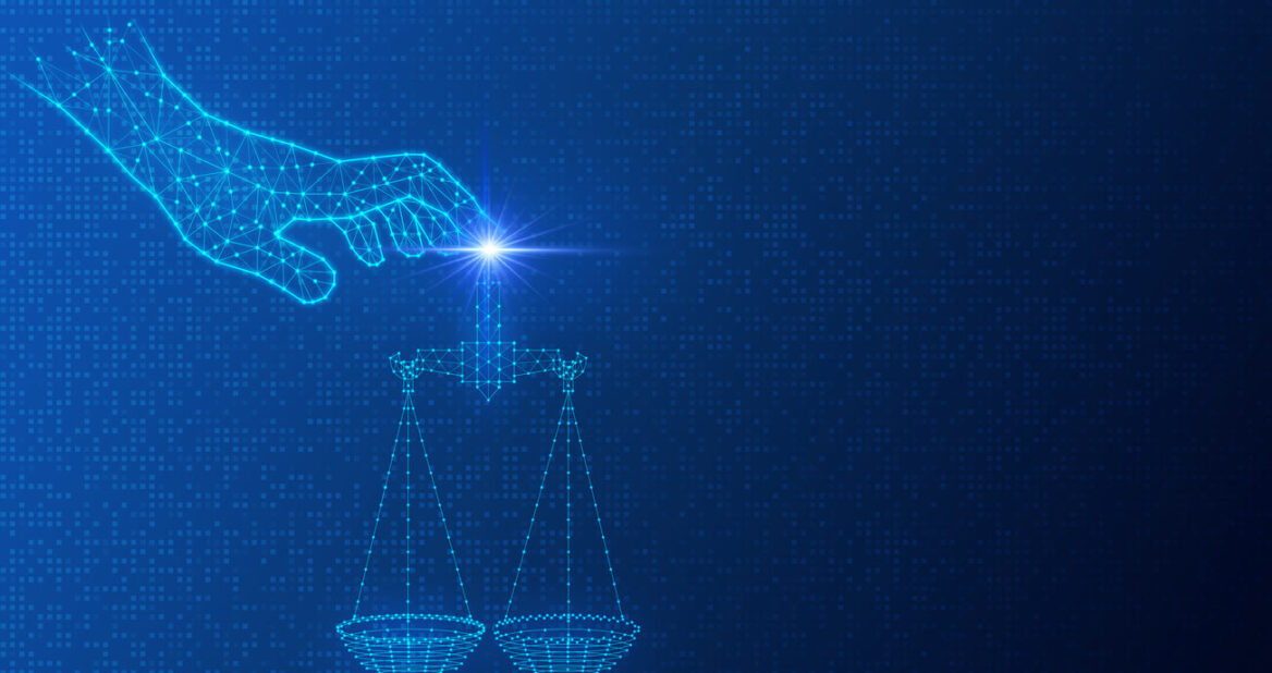 "Digital illustration of a glowing blue hand made of lines and dots reaching toward a similarly styled scale, symbolising the intersection of technology and justice against a dark, futuristic background."