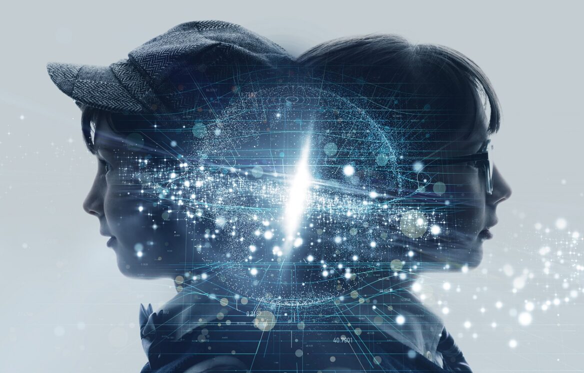 "Two overlapping profiles facing away from each other, one wearing a cap and the other glasses, with a bright light and digital circuit elements between them, symbolising technology and connectivity."