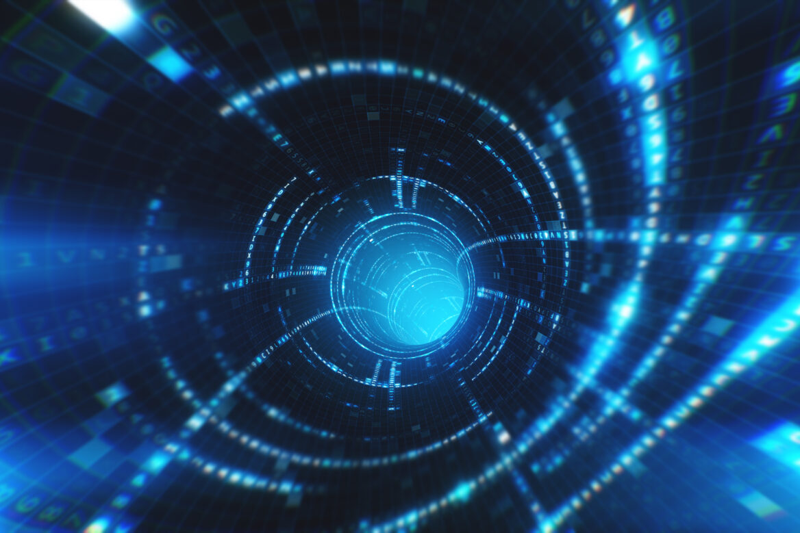 "Digital tunnel with glowing blue lines and a bright light at the centre, symbolising data transfer, virtual space, or futuristic technology."