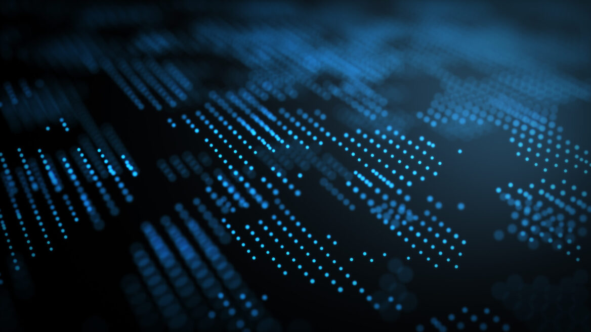 "Abstract digital background with clusters and lines of small blue dots on a dark backdrop, representing data, technology, or digital networks."