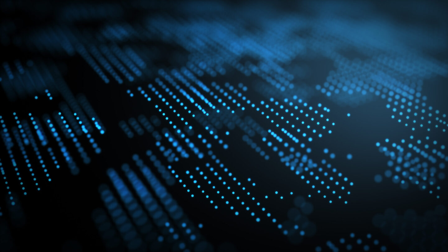 "Abstract digital background with clusters and lines of small blue dots on a dark backdrop, representing data, technology, or digital networks."