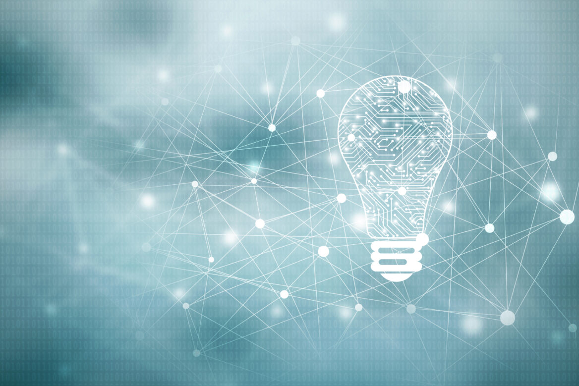 "Illustration of a light bulb with a circuit board pattern inside, set against a background of interconnected lines and dots, symbolising innovation, technology, and connected ideas."