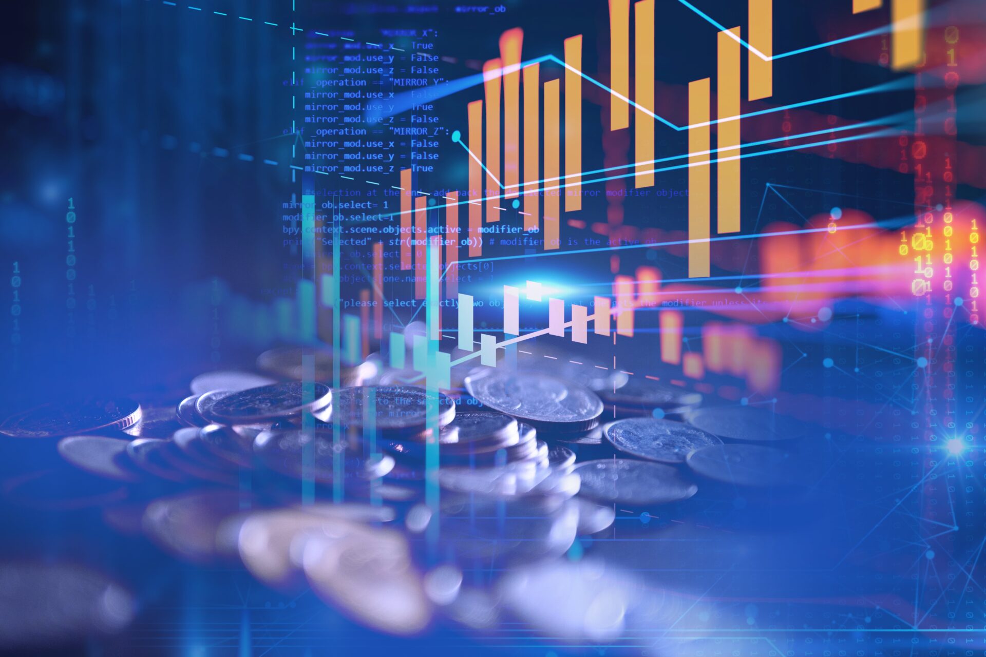 "Stacks of coins overlaid with bar charts, line graphs, and computer code, symbolising the intersection of finance, data analysis, and financial technology."