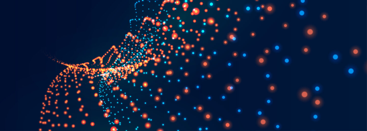 "Abstract digital visualisation of glowing orange and blue dots arranged in a spiral pattern against a dark blue background, suggesting motion and depth in a three-dimensional space."