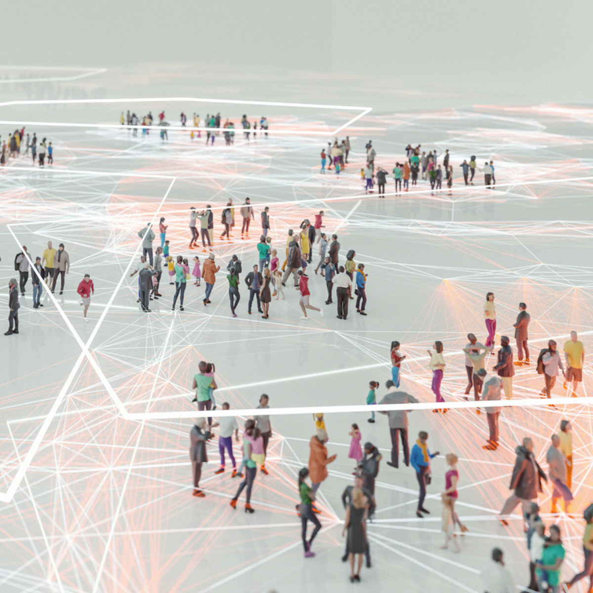 "Large group of people walking and standing on a surface overlaid with illuminated interconnected lines and nodes, symbolising social networks and human connectivity."